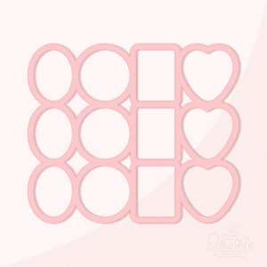 Graphic image of a pink multi cookie cutter with box of chocolates shapes and a pink background.