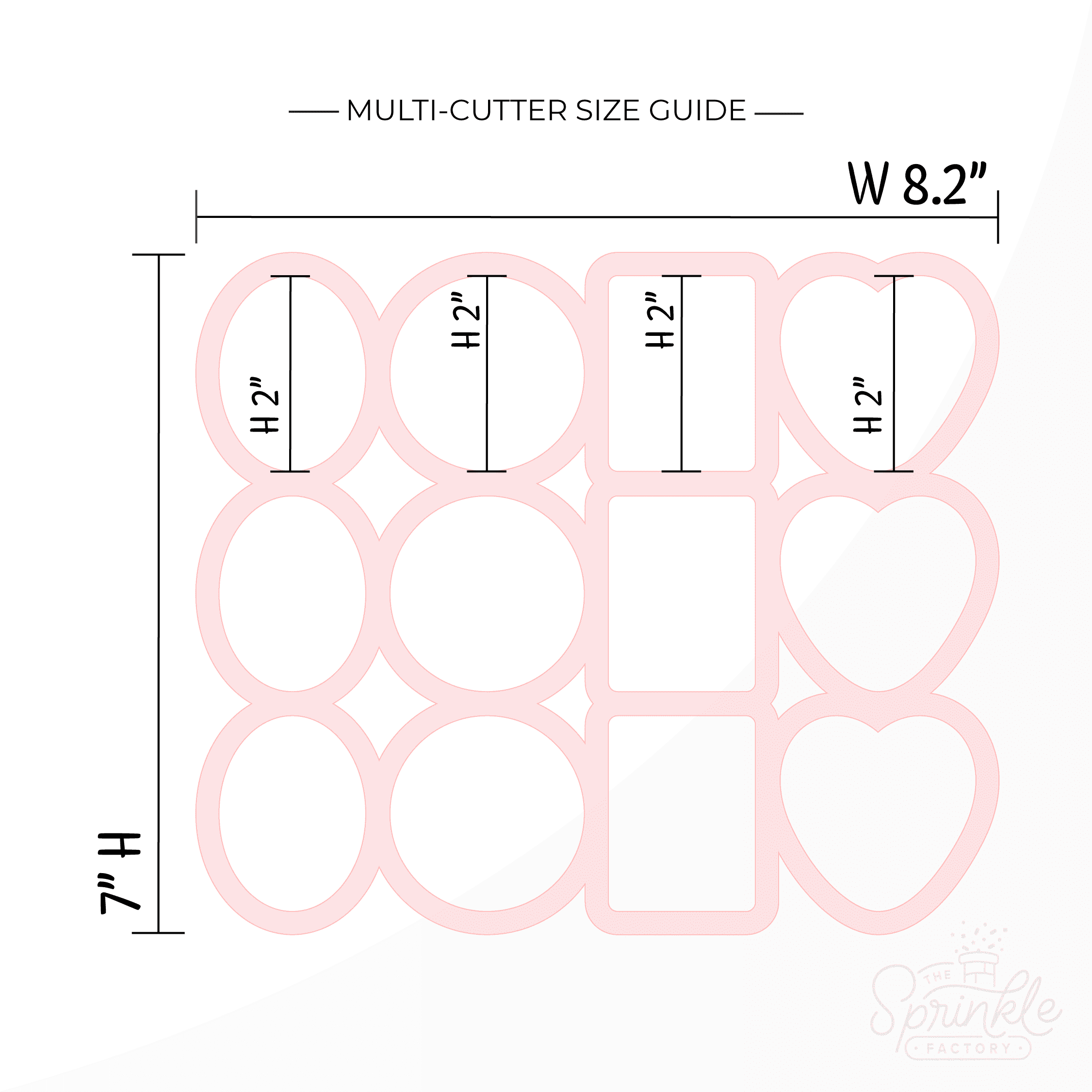 Graphic image of a pink multi cookie cutter with box of chocolates shapes and sizes listed.