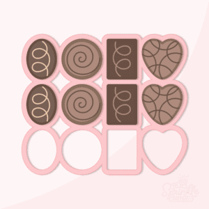 Graphic image of Valentine's chocolates in two rows with a pink cookie cutter behind with a pink background.