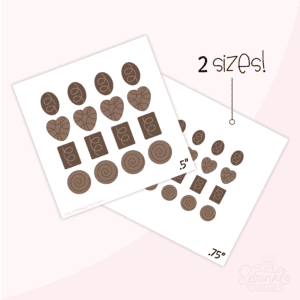 Graphic image of 2 sheets of chocolates with a pink background.