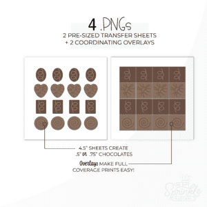 Graphic image of 2 sheets of chocolates with sizes and information listed.