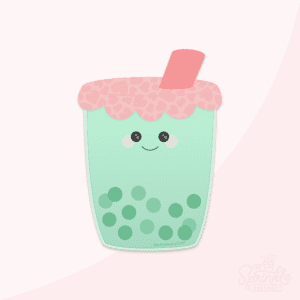 Clipart of a mini green bubble tea in a take out cup with darker green bubbles and a pink with heart print top with scalloped edge and a darker green straw with a smiling face in black on the cup.