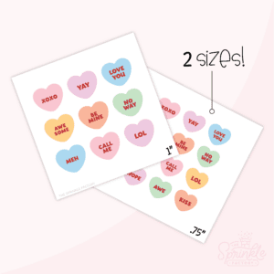 Graphic image of 2 sheets of conversation hearts with a pink background.