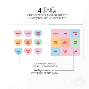 Graphic image of 2 sheets of conversation hearts with sizes listed.