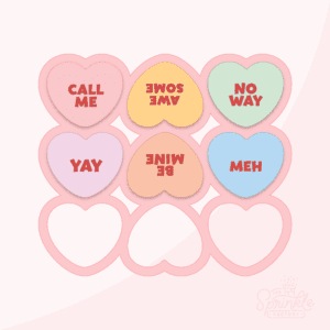 Graphic image of two rows of conversation hearts with a pink cookie cutter behind and a pink background.
