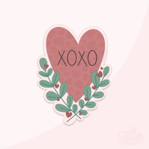 Clipart of a red heart with a heart print on it with 2 green sprigs below it with little red hearts on it with the entire cutter offset with a light pink background with XOXO written in black in the middle of the heart.