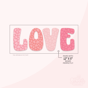 Clipart of the letters L O V E in a box with heart prints on them. The L is a medium pink, O is red, V is light pink and the E is dark pink.