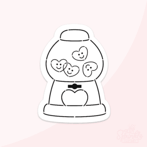 Clipart of a bridged black and white line drawing of a PYO Gumball machine with heart shaped gumballs.