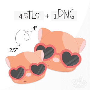 Clipart of an orange cat head with light orange spots with a pink nose and small black smile line wearing heart shaped red sunglasses with black lenses.