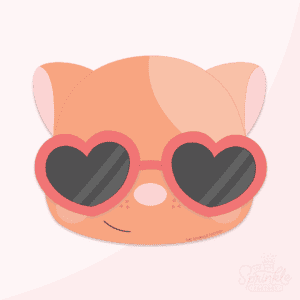 Clipart of an orange cat head with light orange spots with a pink nose and small black smile line wearing heart shaped red sunglasses with black lenses.
