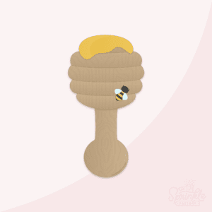 Clipart of a wooden rattle in the shape of a be hive with yellow honey on top and a small bee on it.