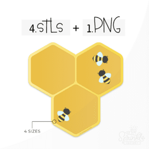 Clipart of a 3 piece yellow honeycomb with 3 little black and yellow bees sitting on it and STL and PNG details.