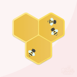 Clipart of a 3 piece yellow honeycomb with 3 little black and yellow bees sitting on it.