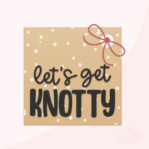 Clipart of a golden brown pretzel coloured tag with a hole cut out for a red bow with the tag covered in square pieces of white salt with let's get KNOTTY written on it in black.