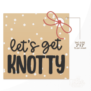Clipart of a golden brown pretzel coloured tag with a hole cut out for a red bow with the tag covered in square pieces of white salt with let's get KNOTTY written on it in black with size guide.