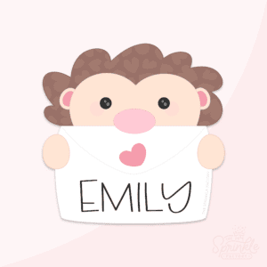 Clipart of a light brown hedgehog with dark brown quills and a round pink nose peeking out of the top of a big white envelope with the name EMILY on it in black with a pink heart and brown paws holding onto the sides.