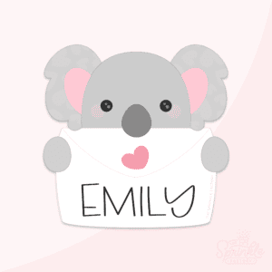 Clipart of a grey koala bear head with fluffy ears with pink centres and a dark grey nose peeking out the top of a big white envelope with the name EMILY on it in black with a pink heart and grey paws holding onto the sides.