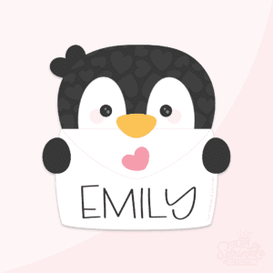 Clipart of a black penguin with white spots around his eyes and an orange beak picking out of the top of a big white envelope with EMILY on it in black with a pink heart and black penguin flippers holding the sides.