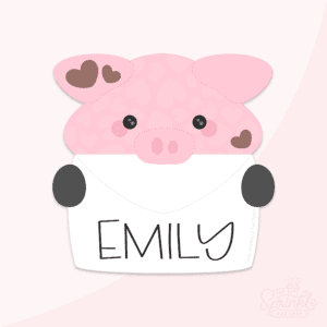 Clipart of a pink pig face with brown hearts on it's left ear and right cheek peeking out of the top of a big white envelope with the name EMILY on it in black with a pink heart and black hooves holding onto each side.