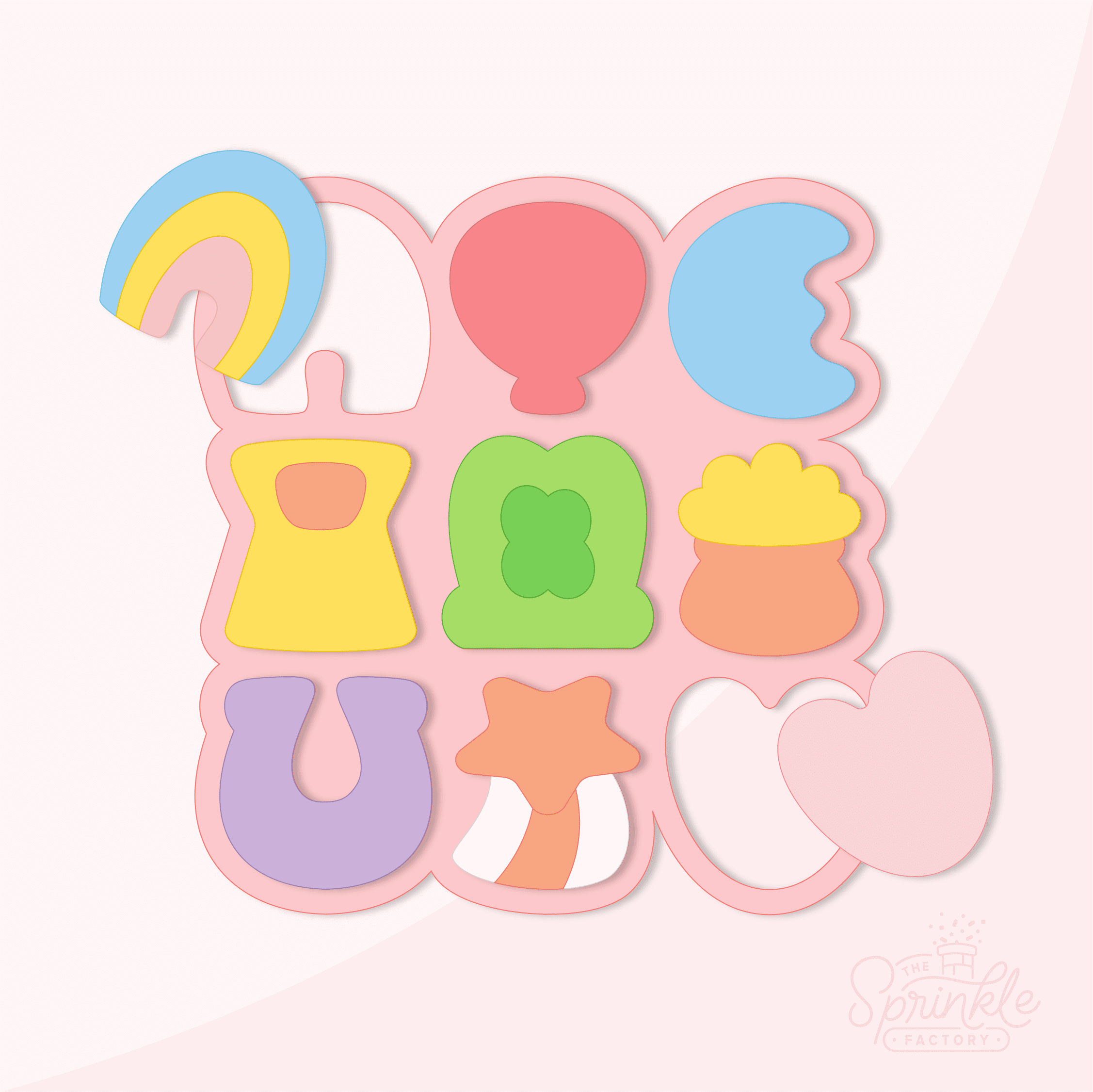 Clipart of 9 marshmallow cereal charms: blue/yellow/prink rainbow, red balloon, orange/yellow pot of gold, yellow/orange hour glass, green hat with shamrock, pink heart, purple horseshoe, white/orange shooting star and a blue moon all on top of a pink multi cutter.