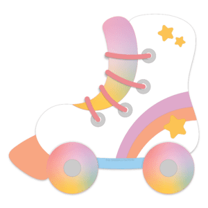Clipart of a white roller skate with rainbow wheels.