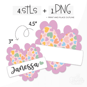 Clipart of a heart with a rainbow heart print on it with light pink background with a purple ruffle all the way around it with a white name plaque in the middle that says Janessa in black with a green heart.