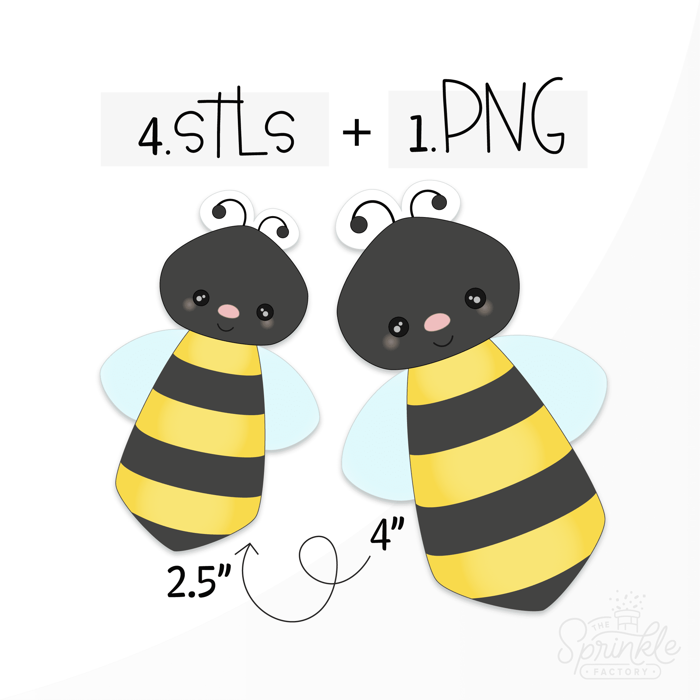Clipart of a tall skinny vertical bee with a black head and black and yellow body with light blue wings with STL and PNG details and a second smaller bee showing size.