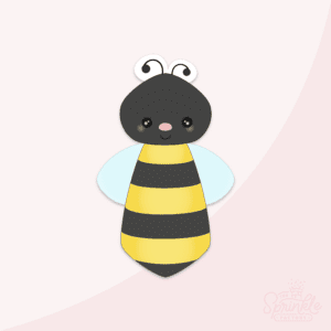 Clipart of a tall skinny vertical bee with a black head and black and yellow body with light blue wings.