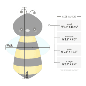 Clipart of a tall skinny vertical bee with a black head and black and yellow body with light blue wings with size guide.