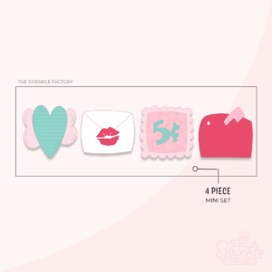 Clipart of 4 images stacked vertically with a red mailbox with pink flag on top of a pink stamp with a darker pink center and 5 cents in mint green in the middle, then there is a white envelope below that with a red kiss on it and last image is a mint heart with pink wings.