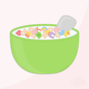 Clipart of a bright green bowl of cereal with milk and multi coloured marshmallow charm floating in it with a grey spoon handle sticking out of the milk to the right.