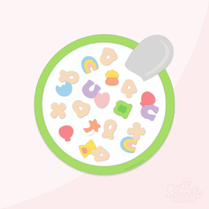 Clipart of the top view of a bright green bowl of cereal with milk and multi coloured marshmallow charm floating in it with a grey spoon handle sticking out of the milk to the right.