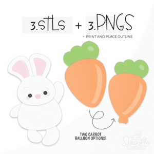 Clipart of a white bunny holding an orange carrot shaped balloon with green tops from a black string.