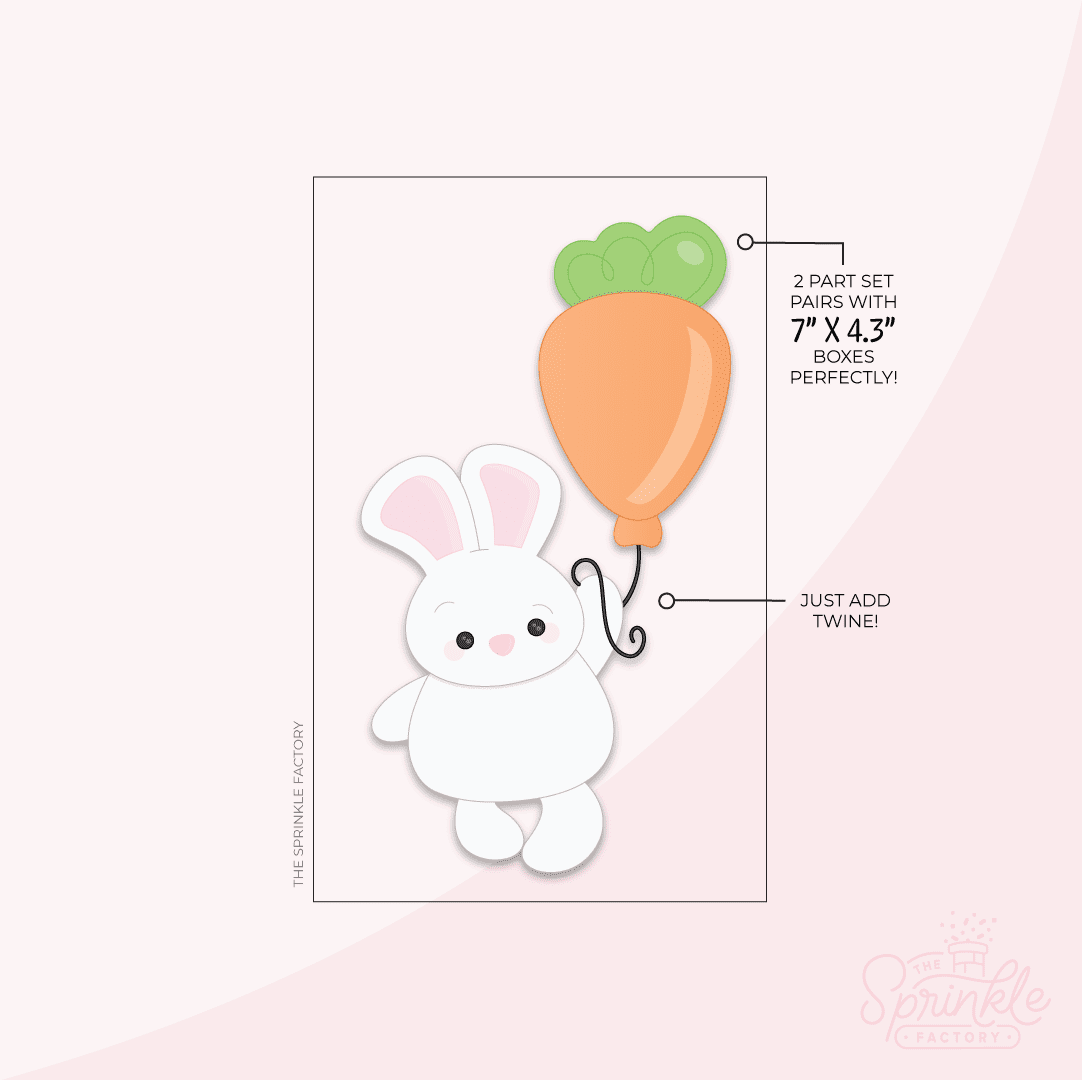 Clipart of a white bunny holding an orange carrot shaped balloon with green tops from a black string.