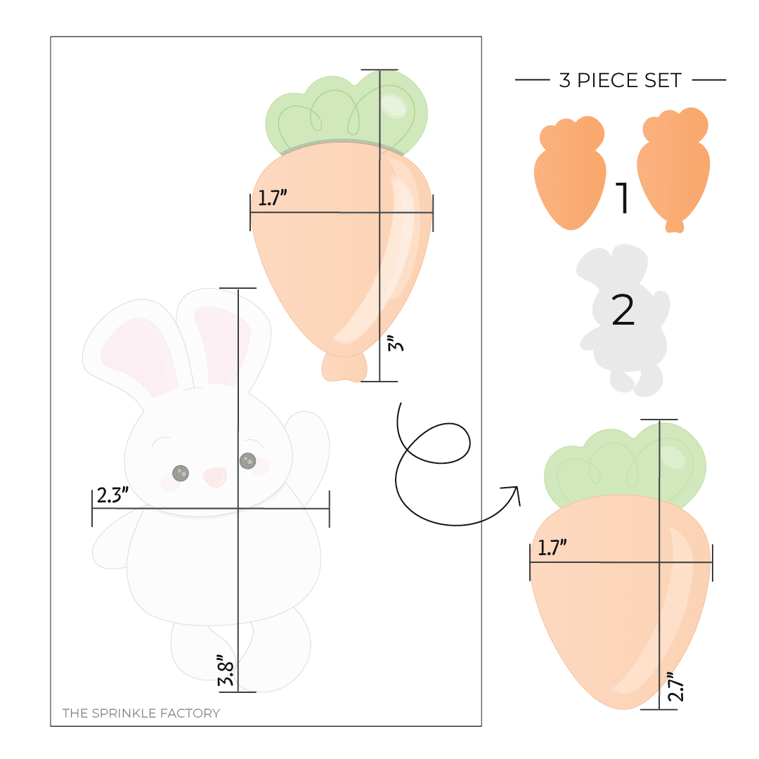 Clipart of a white bunny holding an orange carrot shaped balloon with green tops from a black string with size guide.