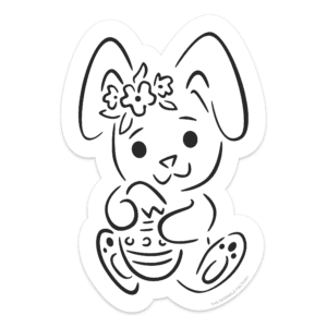 Clipart of a line drawing of a bunny holding an easter egg with flowers into of its left ear.