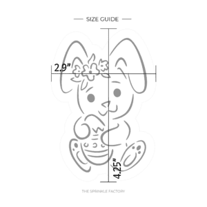Clipart of a line drawing of a bunny holding an easter egg with flowers into of its left ear with size guide.