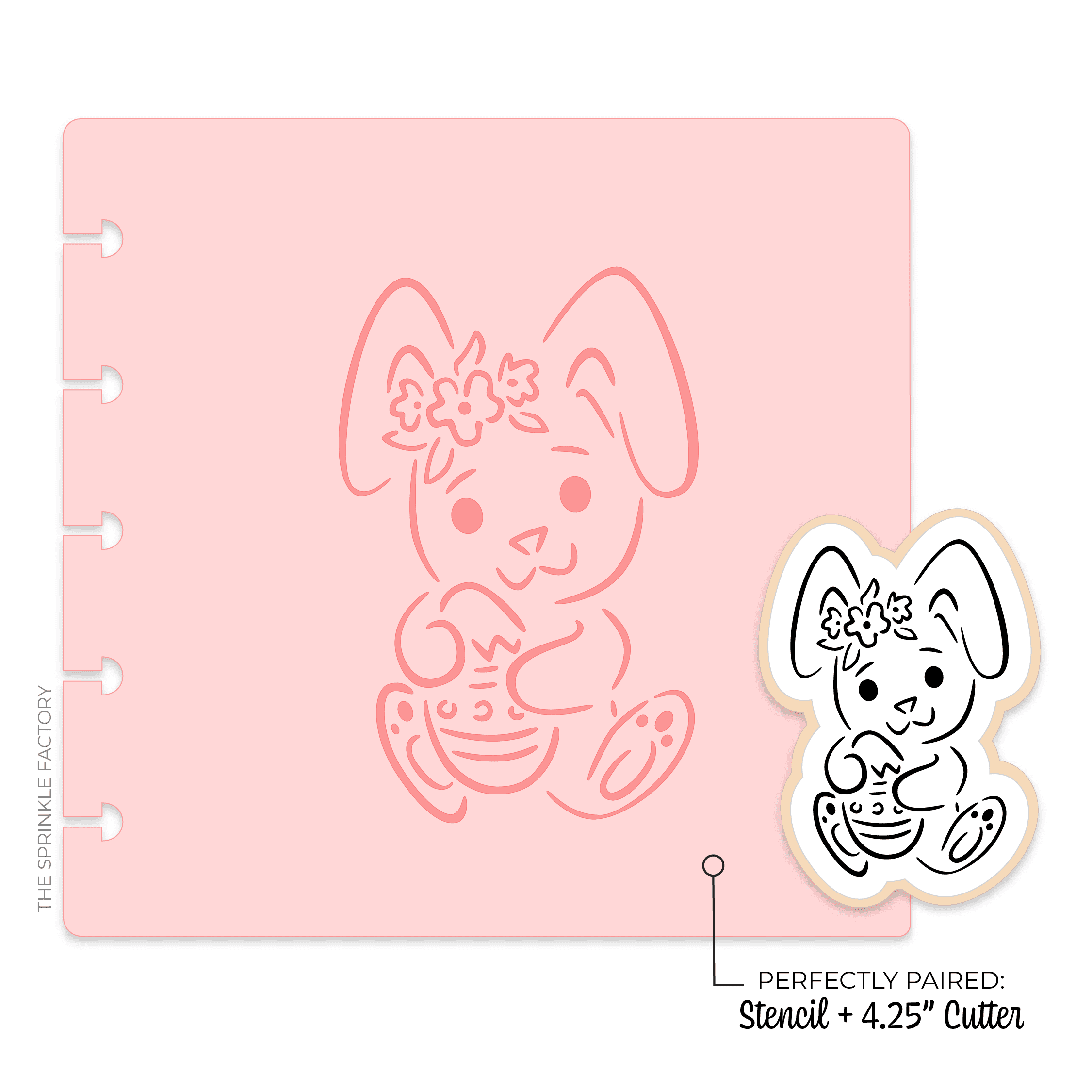 Clipart of a line drawing of a bunny holding an easter egg with flowers into of its left ear with pink stencil.