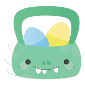 Clipart of a green dinosaur easter basket with white spikes on the left of the basket and black face details with white teeth. There is a blue and a yellow plastic egg in the basket.