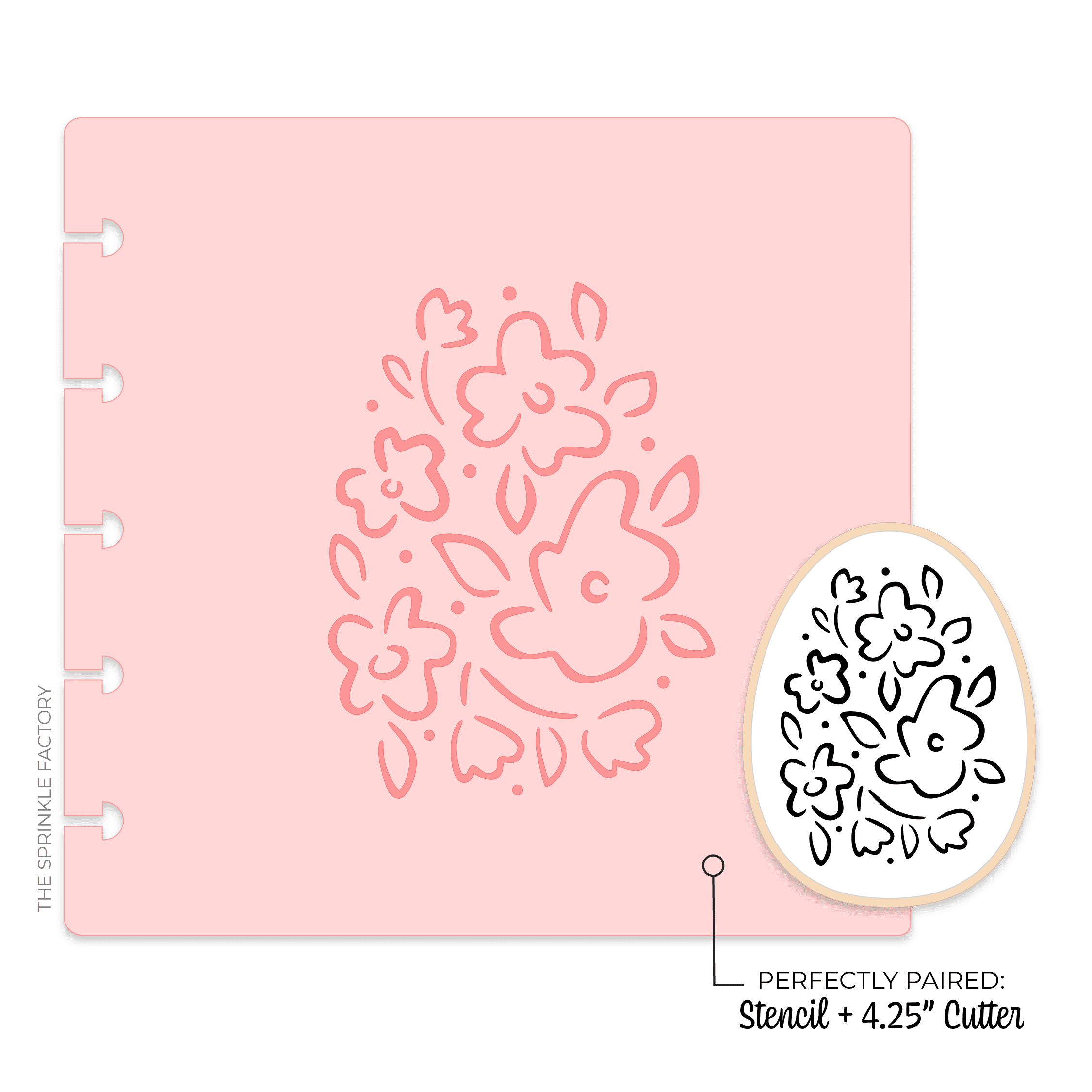 Clipart of a black and white line drawing of an easter egg with flower blooms on it and pink stencil.