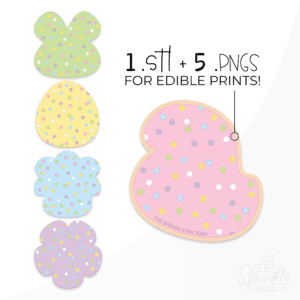 Clipart of a green bunny head, yellow egg, blue lamb, pink chick and purple flower frosted cookies all covered in pastel sprinkles with STL and PNG details.