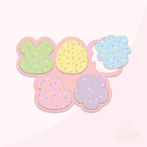 Clipart of a green bunny head, yellow egg, blue lamb, pink chick and purple flower frosted cookies all covered in pastel sprinkles in front of multi cutter.