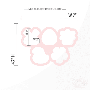 Clipart of easter frosted crackers pink multi cutter in the shapes of a bunny, egg, lamb, chick and flower with size guide.