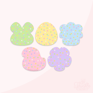 Clipart of a green bunny head, yellow egg, blue lamb, pink chick and purple flower frosted cookies all covered in pastel sprinkles.