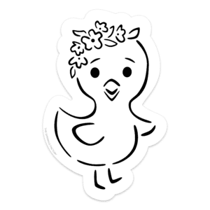 Clipart of a black and white line drawing of a chick with a flower crown.