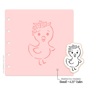 Clipart of a black and white line drawing of a chick with a flower crown and pink stencil.