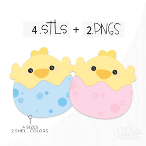 Clipart of a yellow baby chick coming out the top of a blue egg with blue spots on it and a second chick coming out of another egg that is the same but pink.
