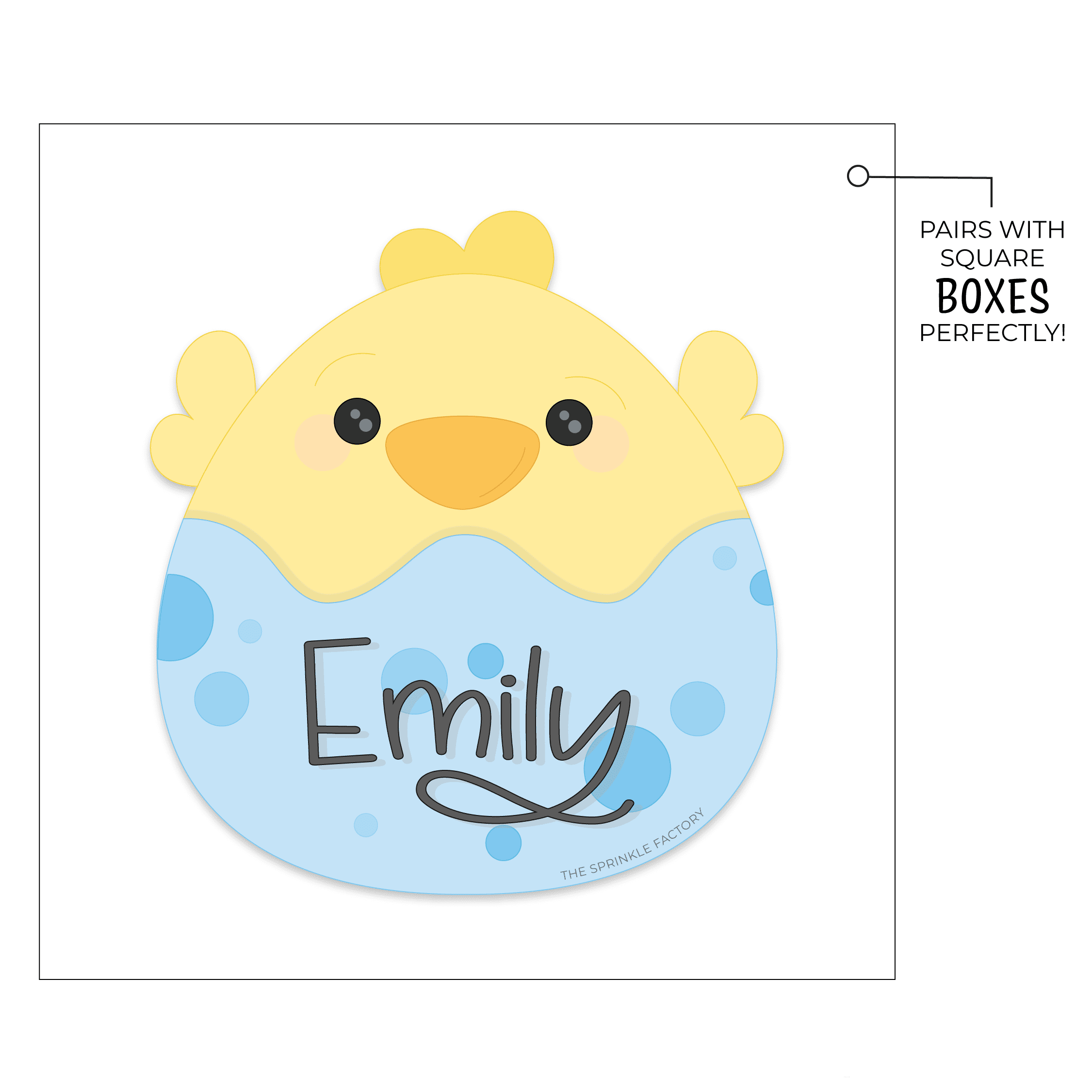 Clipart of a yellow baby chick coming out the top of a blue egg with blue spots on it and the name Emily in black cursive writing.