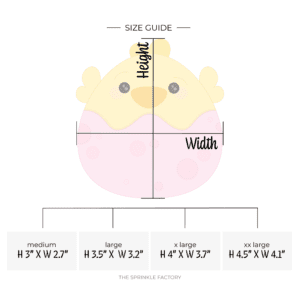 Clipart of a yellow baby chick coming out the top of a pink egg with pink spots on it and size guide below.
