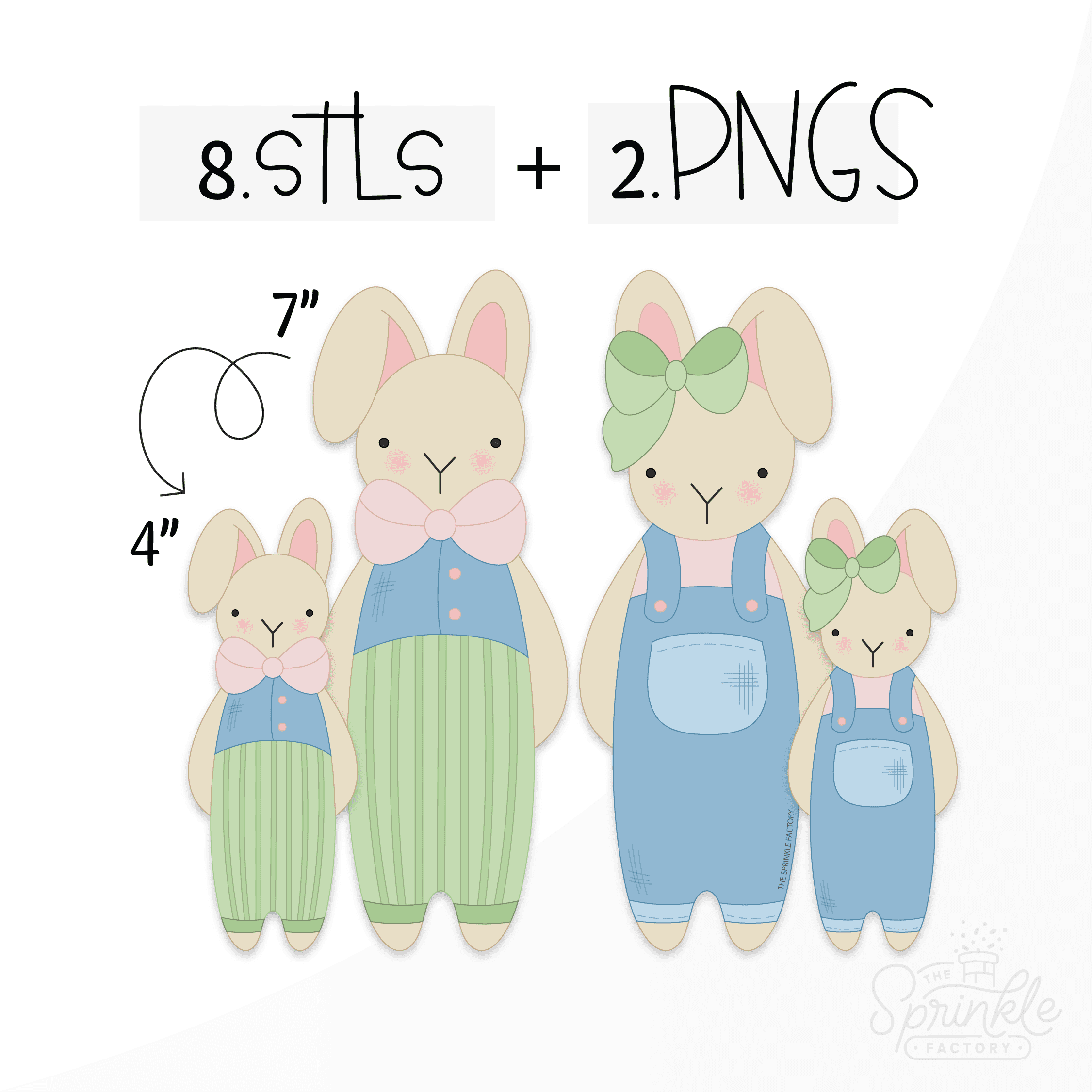 Clipart of a tall brother and sister bunny both with tan fur. Brother has on a blue shirt, pink bow tie and green stripped pants. The sister is wearing green overalls, pink shirt and a green bow on her ear with smaller version of each standing beside them.